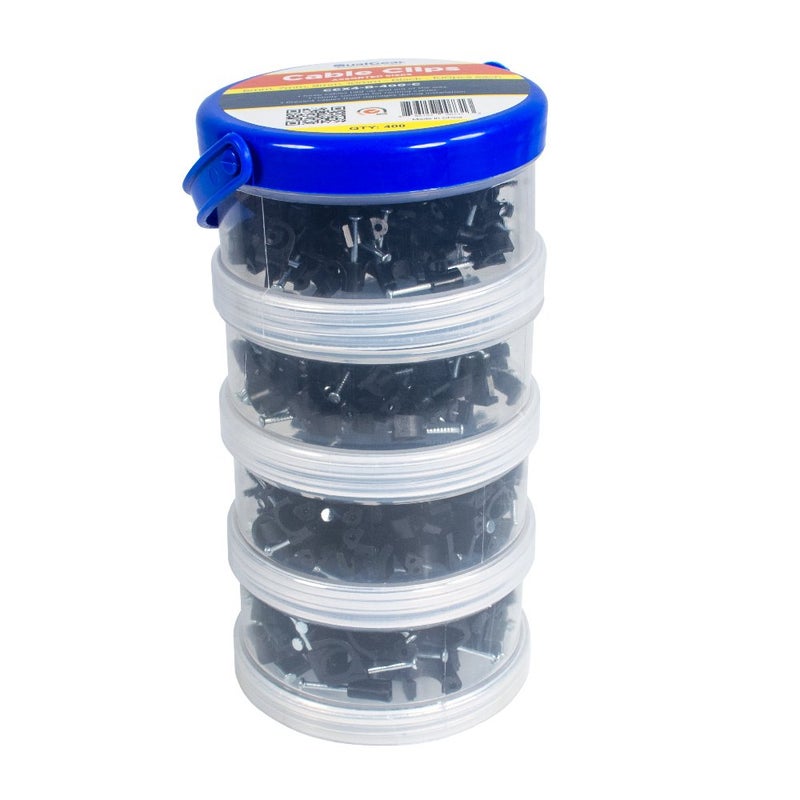 QualGear 6mm 7mm 8mm 10mm Cable Clips, Black, 400 Pack, Canister, CCX4-B-400-C